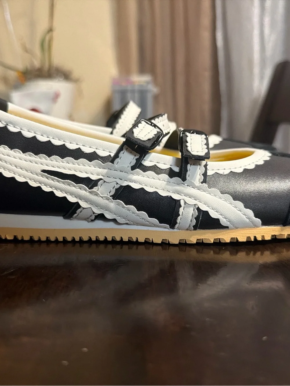 Black and White Scalloped Mary Jane Flat with Dual Straps